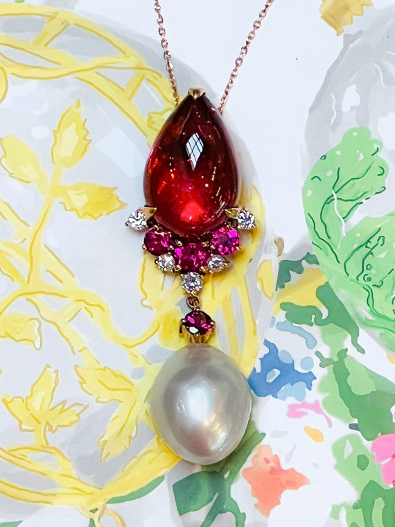 Rubellite, Diamond, and Pearl Pendant