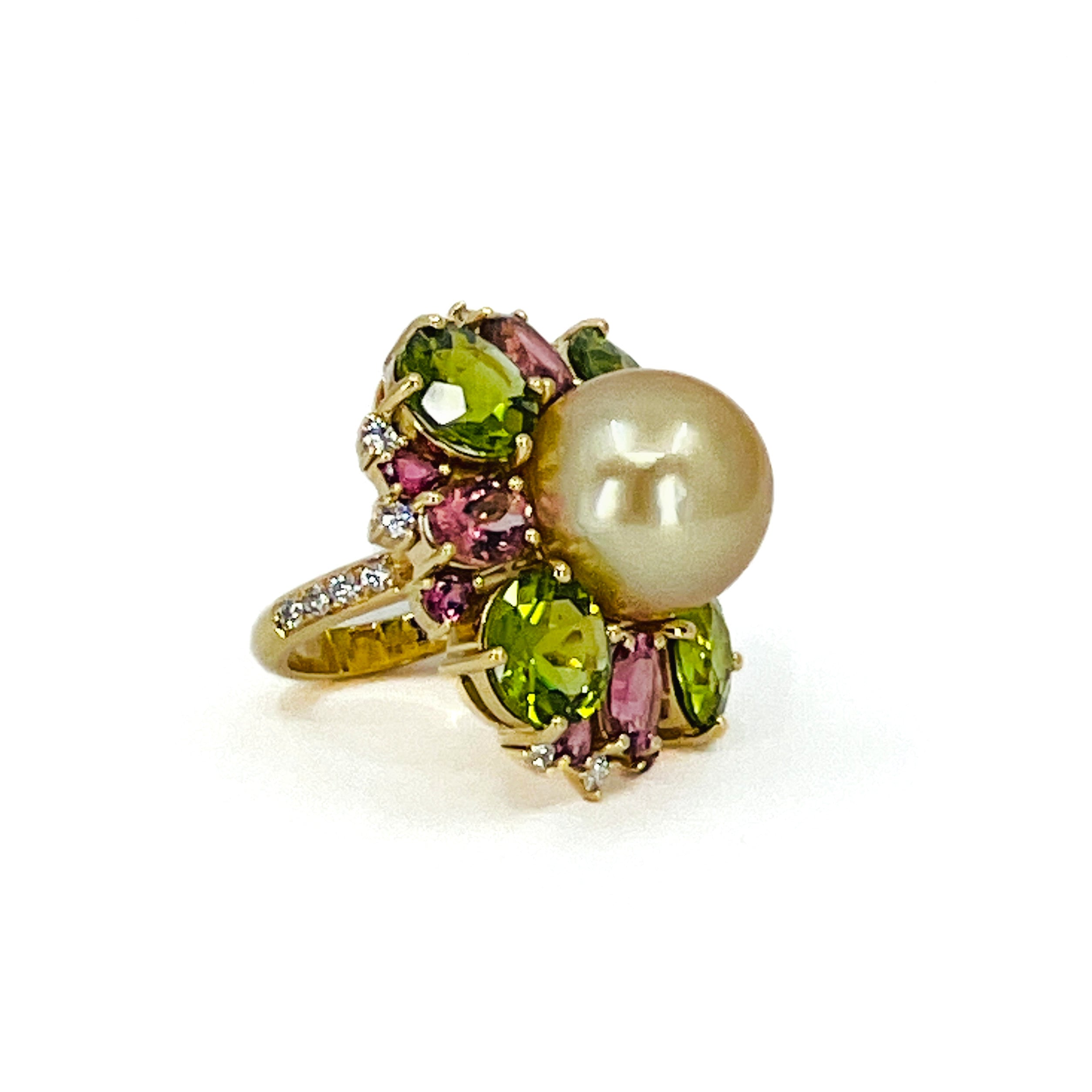 Peridot, Pink Tourmaline, and Pearl Ring