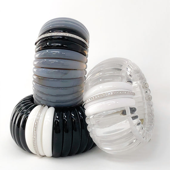 Hand-Carved Obsidian and Agate Bracelet with Diamonds