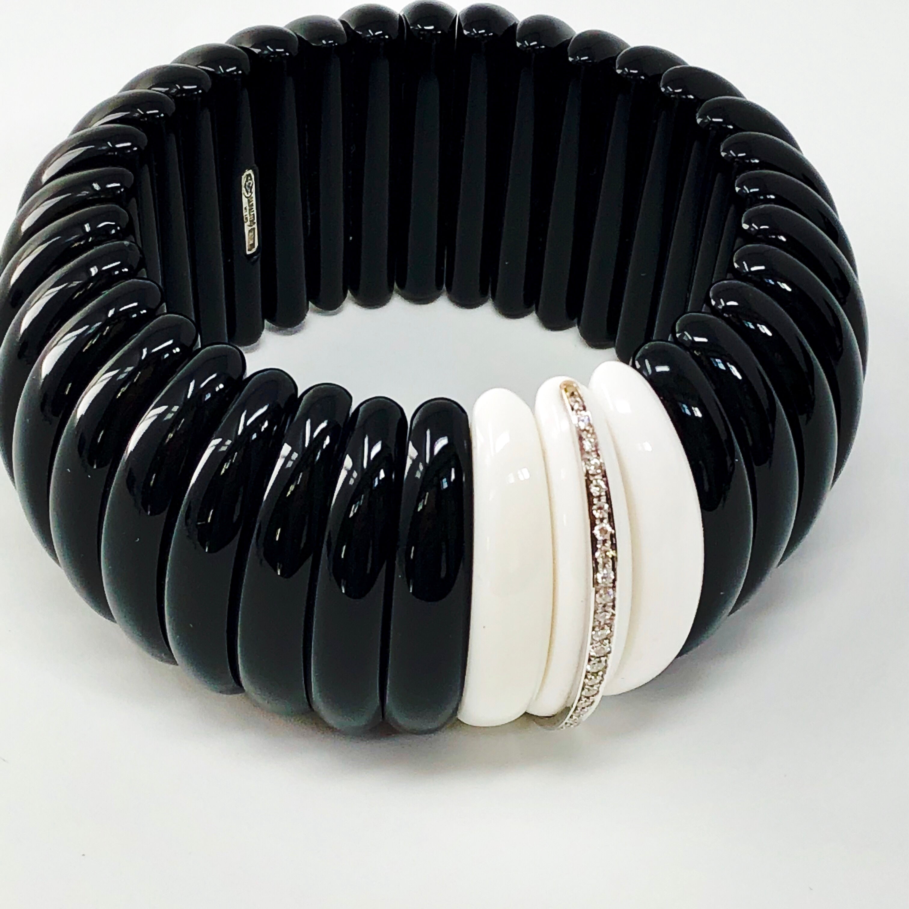 Hand-Carved Obsidian and Agate Bracelet with Diamonds