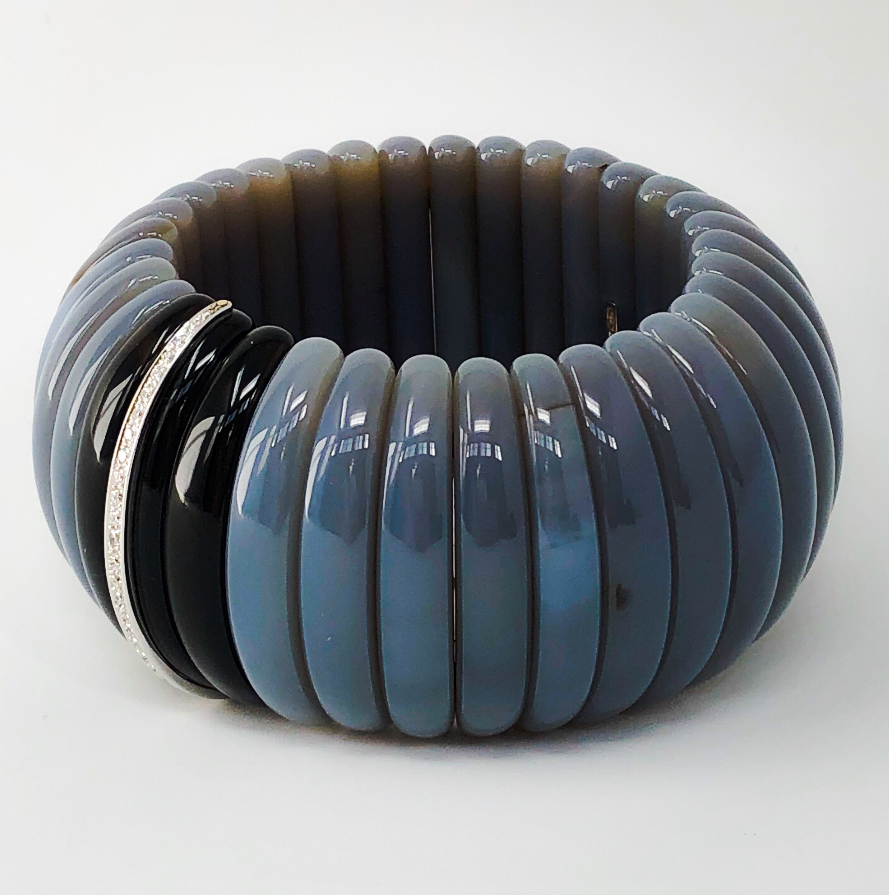 Hand-Carved Agate and Smokey Quartz Bangle with Diamonds