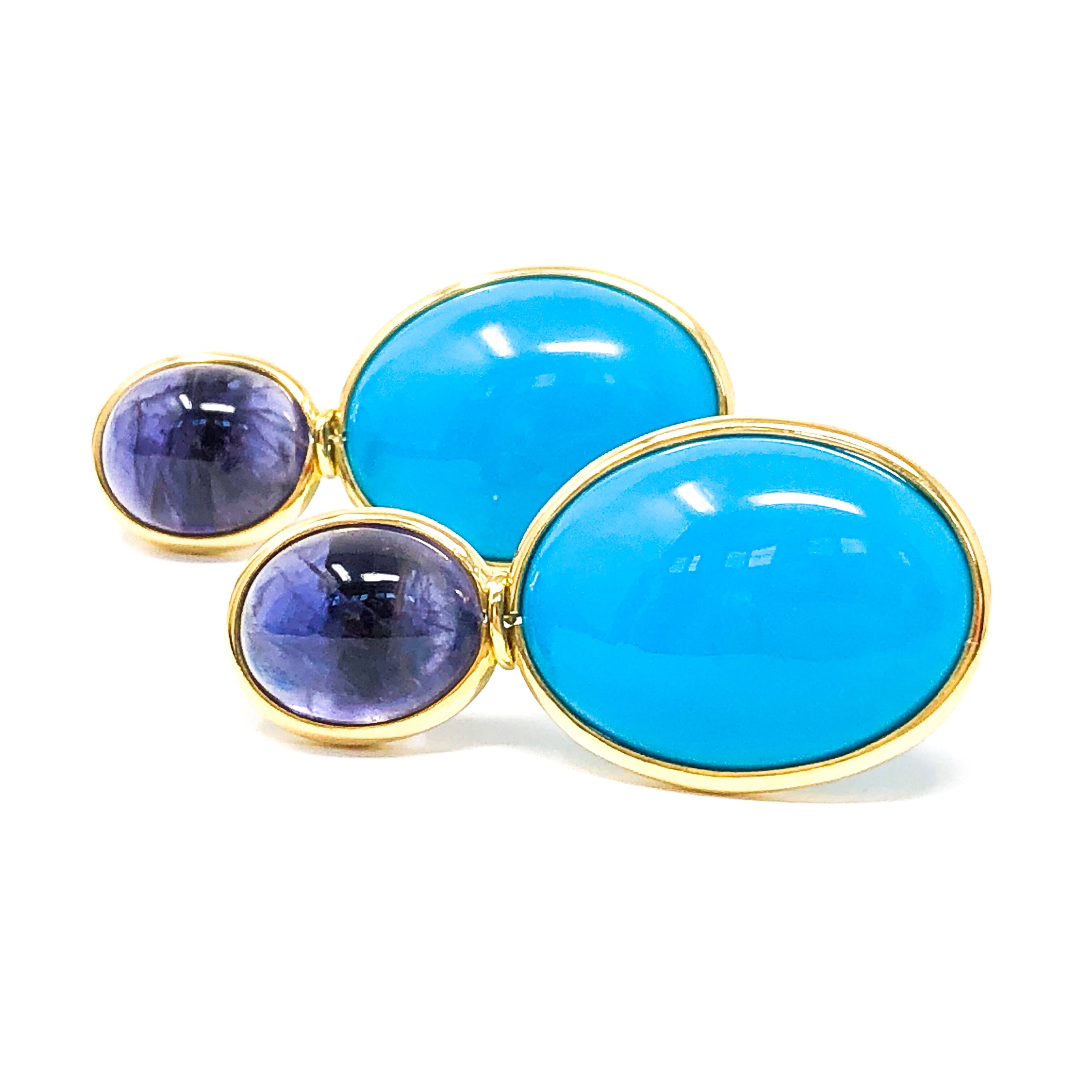 18kt Gold Turquoise and Iolite Earrings