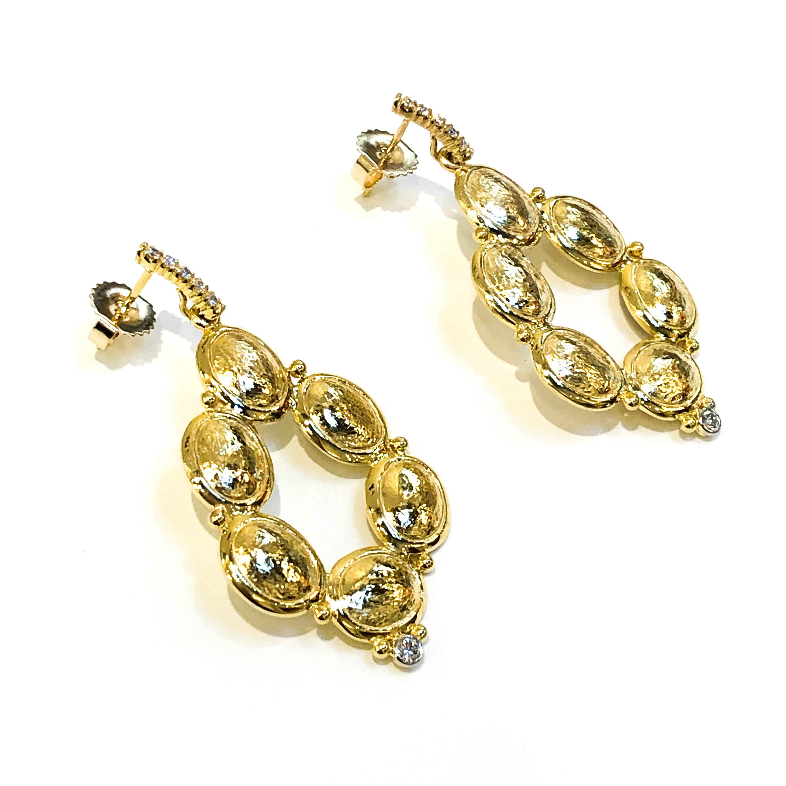 Yellow Gold Drop Earrings with Hammered Finish and Diamonds