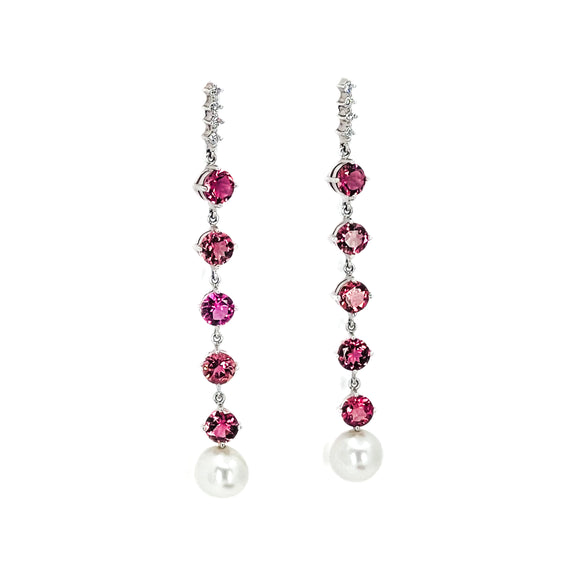 Pink Tourmaline, Diamond, and Pearl Earrings