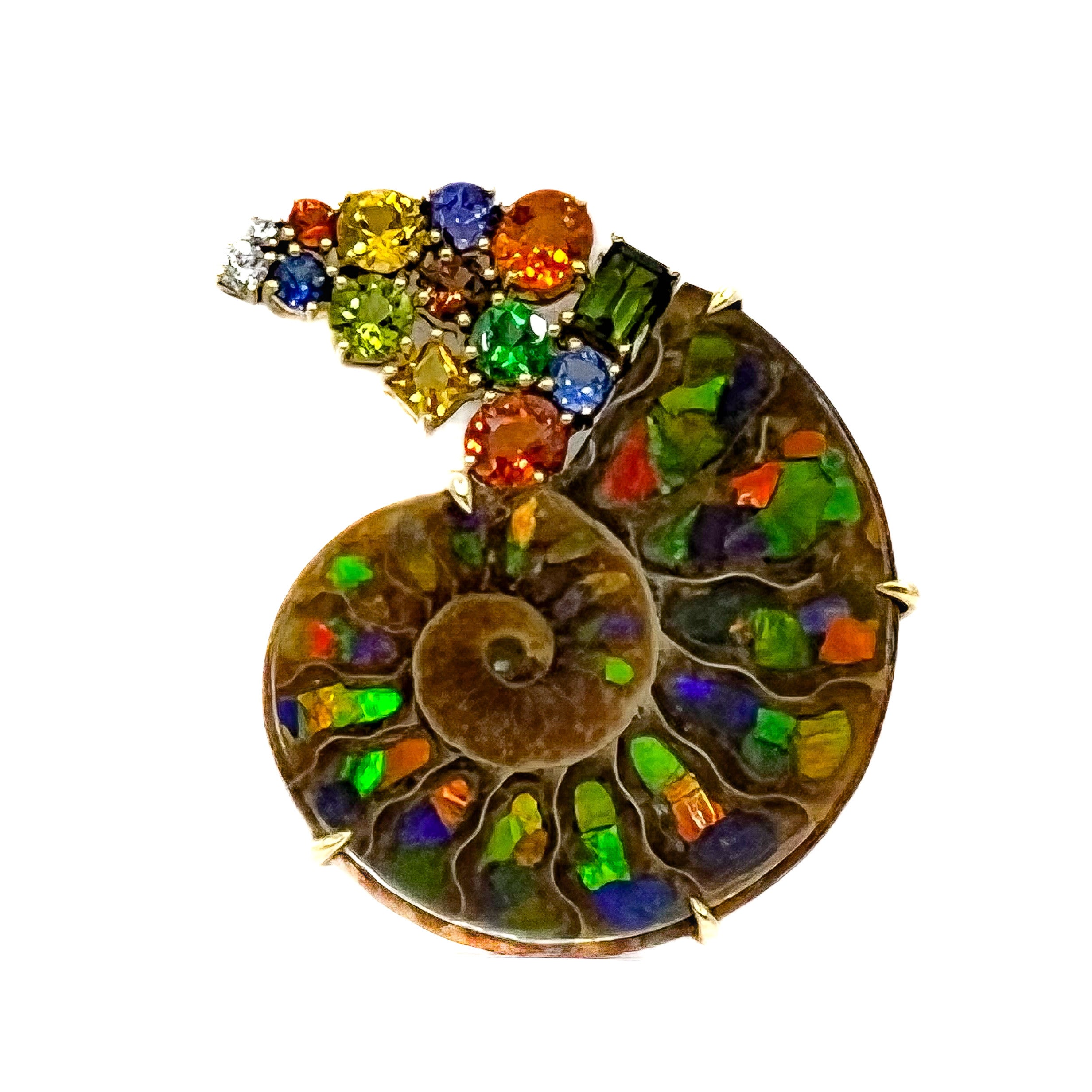 Opalized Ammonite and Gemstone Brooch