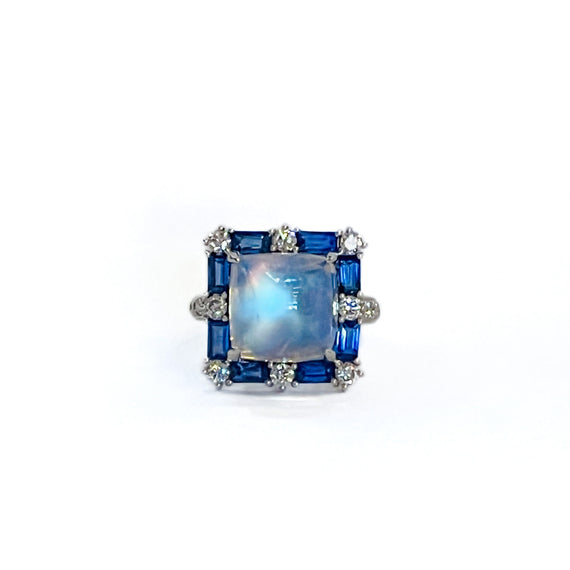 Blue Moonstone, Sapphire, and Diamond Ring