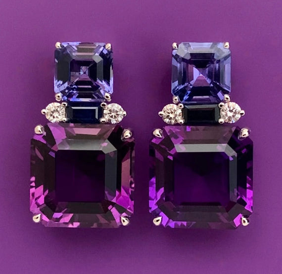Tanzanite, Sapphire, Diamond & Amethyst Earrings