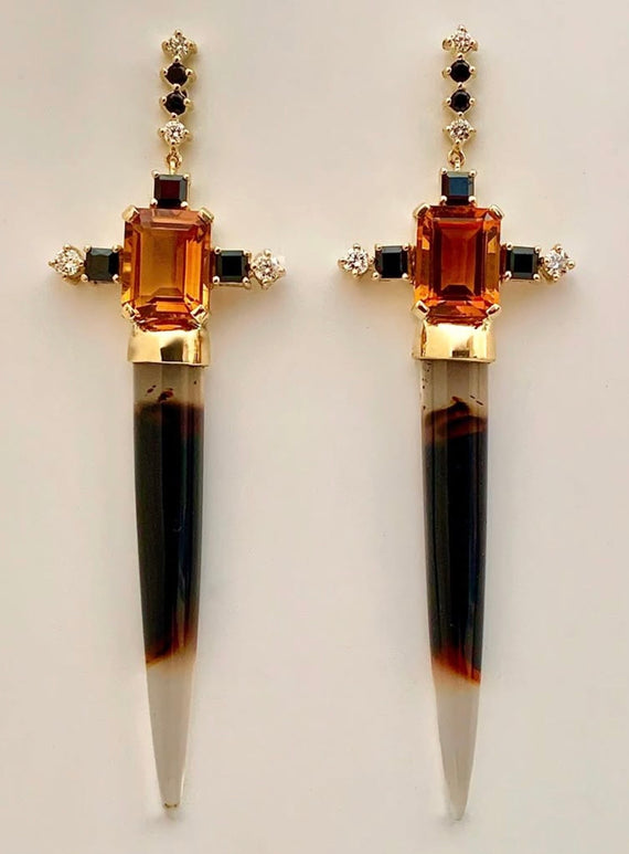 Agate, Citrine, and Spinel Dagger Earrings