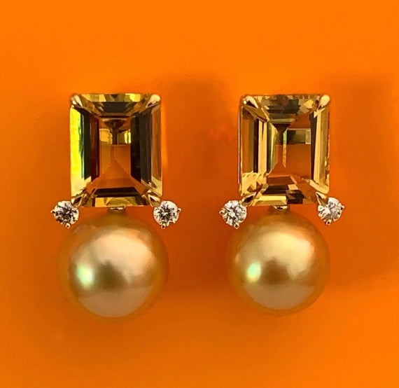 Golden South Sea Pearl, Yellow Beryl Sunshine Earrings
