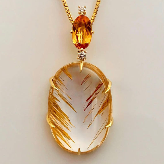 Rutile Quartz, Imperial Topaz, and Diamond Pendant