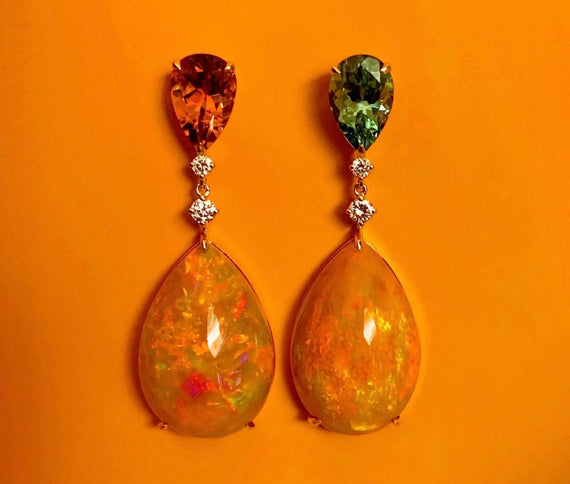 Opal, Tourmaline, and Diamond Earrings