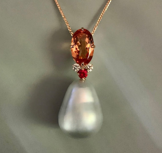 South Sea Pearl, Topaz, Ruby, and Diamond Pendant