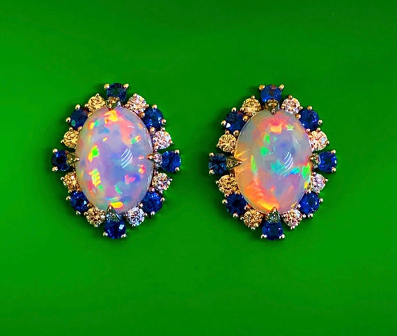 Opal, Sapphire, and Diamond Earrings