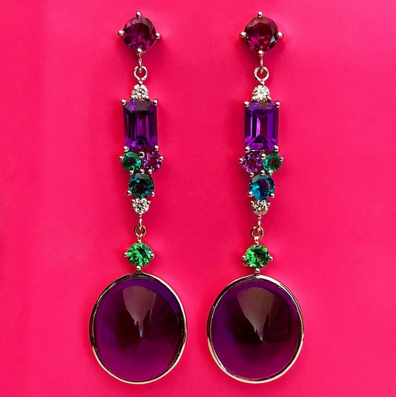 Ameythyst, Emerald, and Tourmaline Drop Earrings