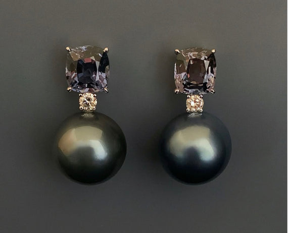 Burmese Spinel, Tahitian Pearl, and Diamond Earrings.