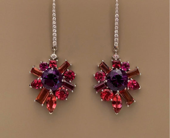 Pink Tourmaline, Amethyst, and Diamond Earrings