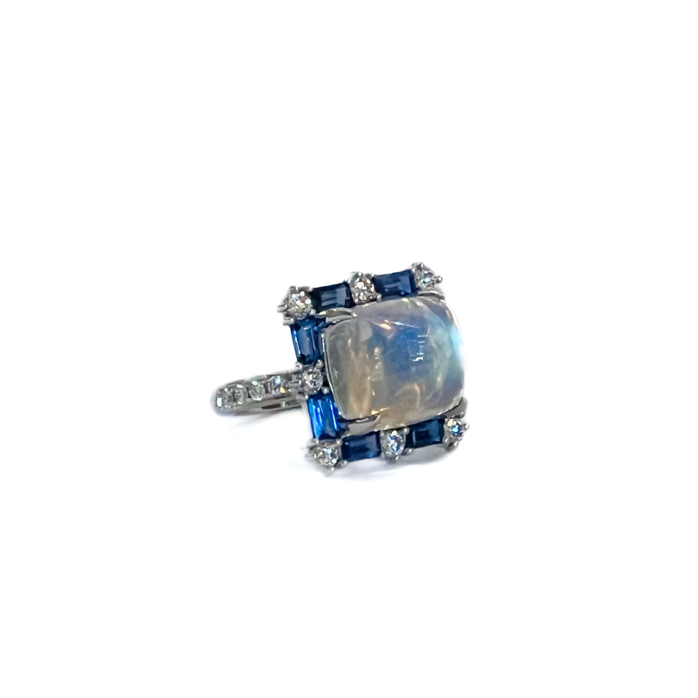 Blue Moonstone, Sapphire, and Diamond Ring