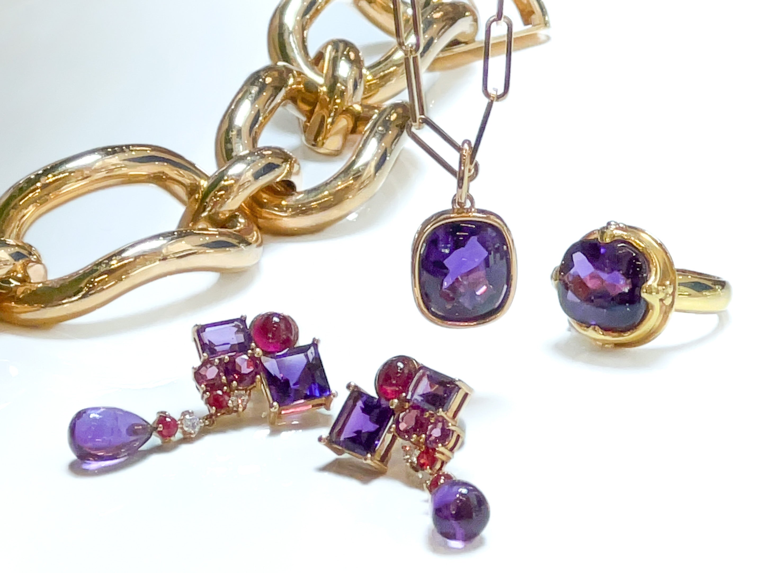 Amethyst, Ruby, and Spinel Earrings