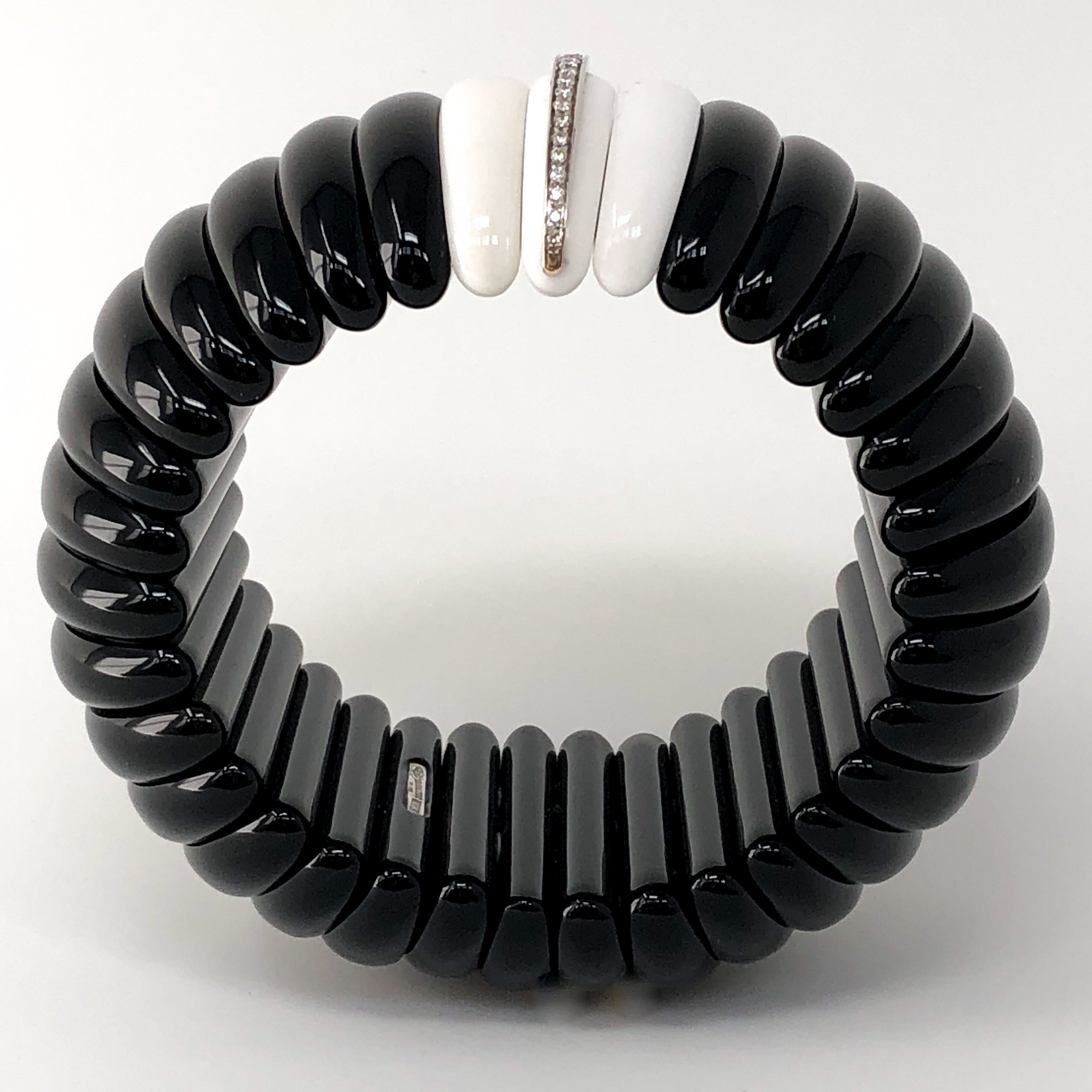 Hand-Carved Obsidian and Agate Bracelet with Diamonds