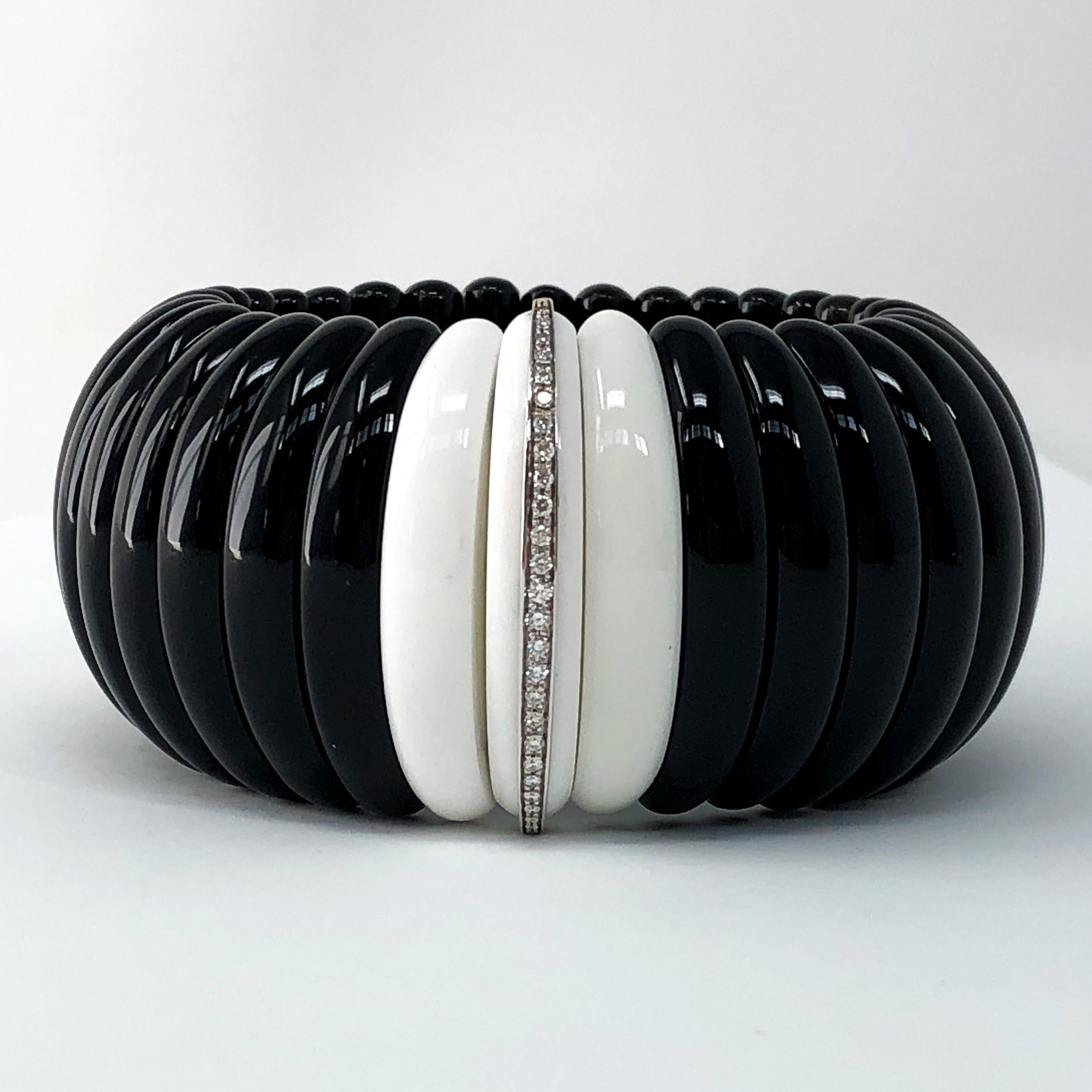 Hand-Carved Obsidian and Agate Bracelet with Diamonds