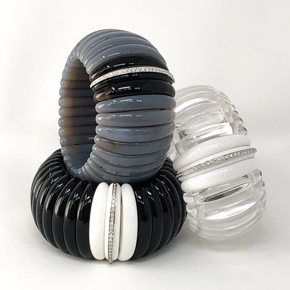 Hand-Carved Agate and Smokey Quartz Bangle with Diamonds