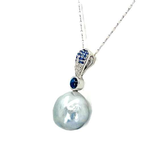 Sapphire, Diamond, and Baroque Pearl Pendant