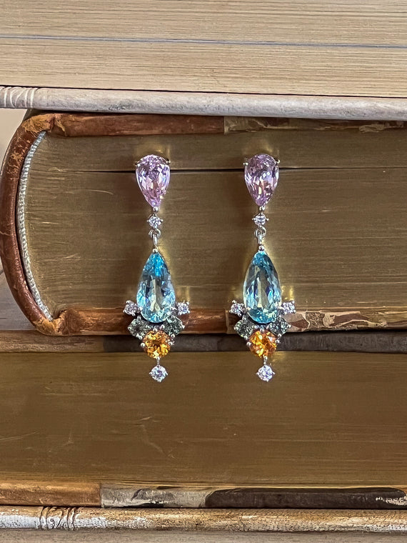 Kunzite, Aquamarine, Tourmaline and Diamond Earrings