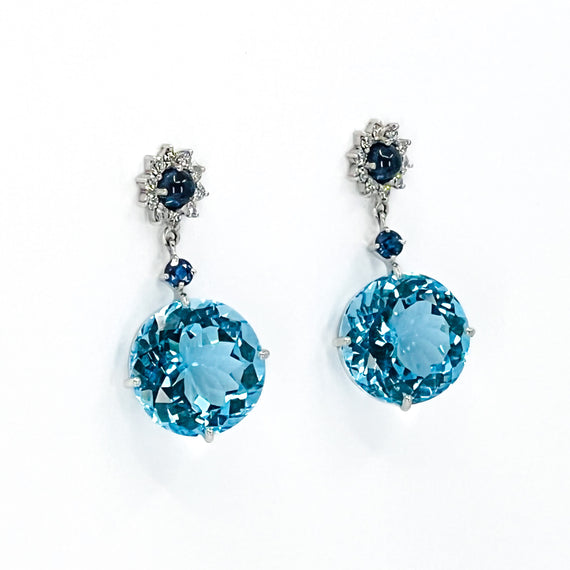 Blue Topaz, Sapphire, and Diamond Earrings